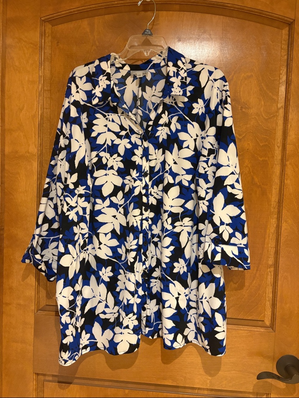 Catherines Blue White Black Floral Button-Down Top